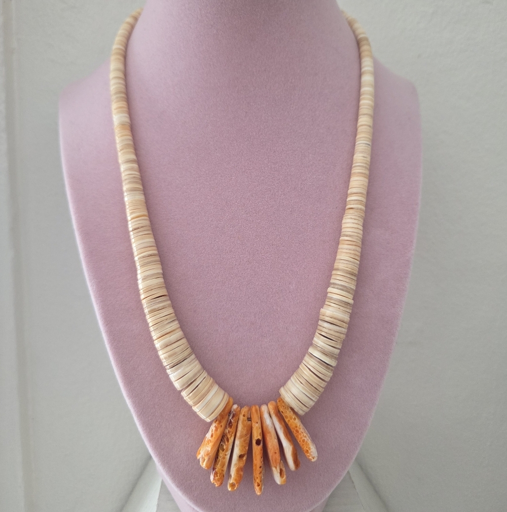 Melon Heishi Shell & Orange Spiny Oyster Necklace Boho Beachy Southwestern - Picture 2 of 6